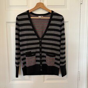 Halogen Merino Wool V-neck Cardigan, Size Medium Petite, Black/Grey/Red Stripe